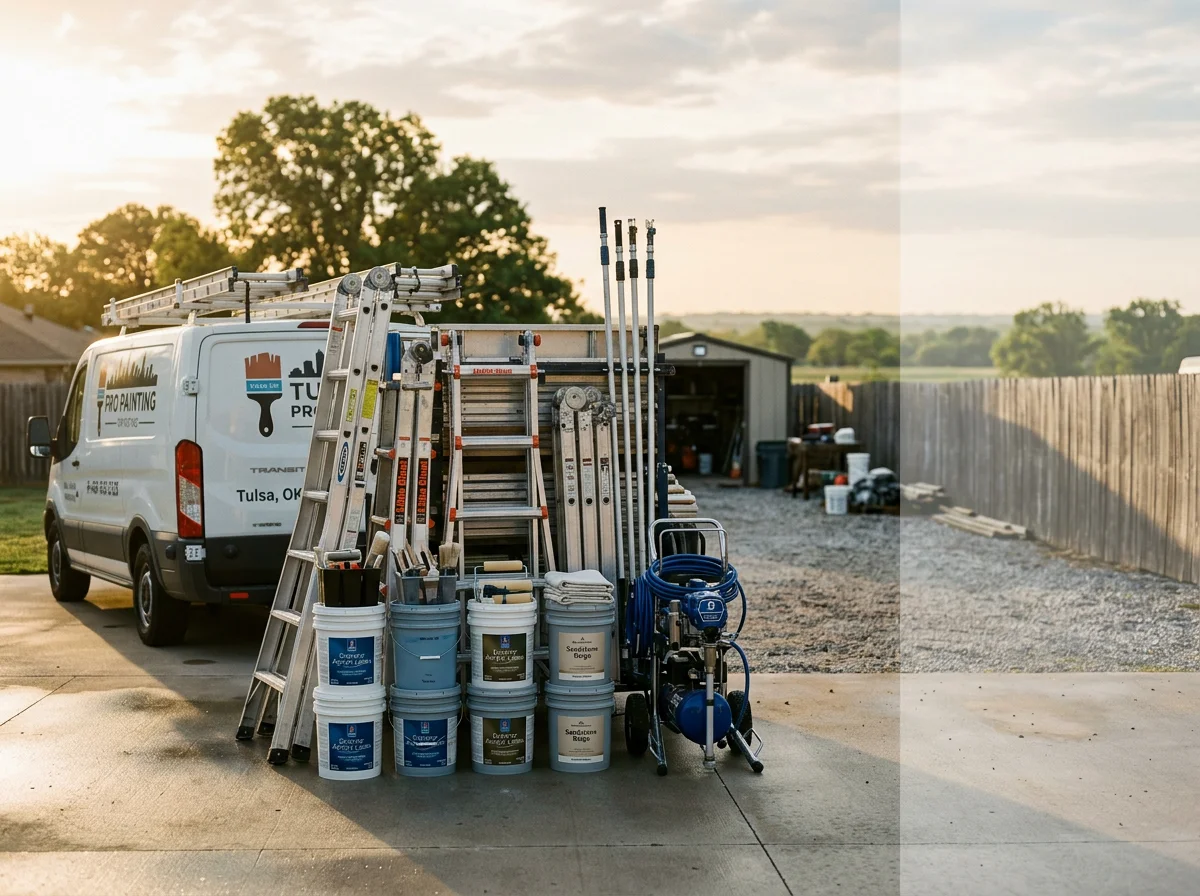 Professional exterior maintenance crew with equipment and tools ready for residential and commercial property work.