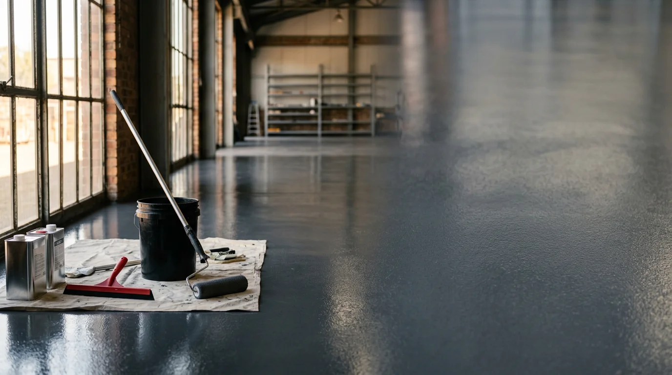 Professional epoxy floor coating application in commercial warehouse space