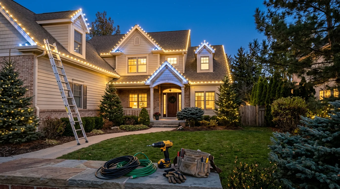 Professional holiday light installation on residential home exterior with warm white and colored lights