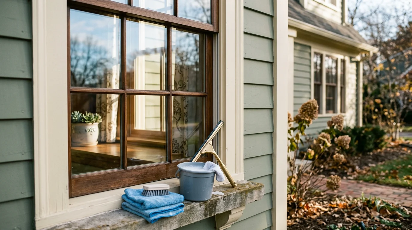 Professional window cleaner using squeegee on residential home exterior