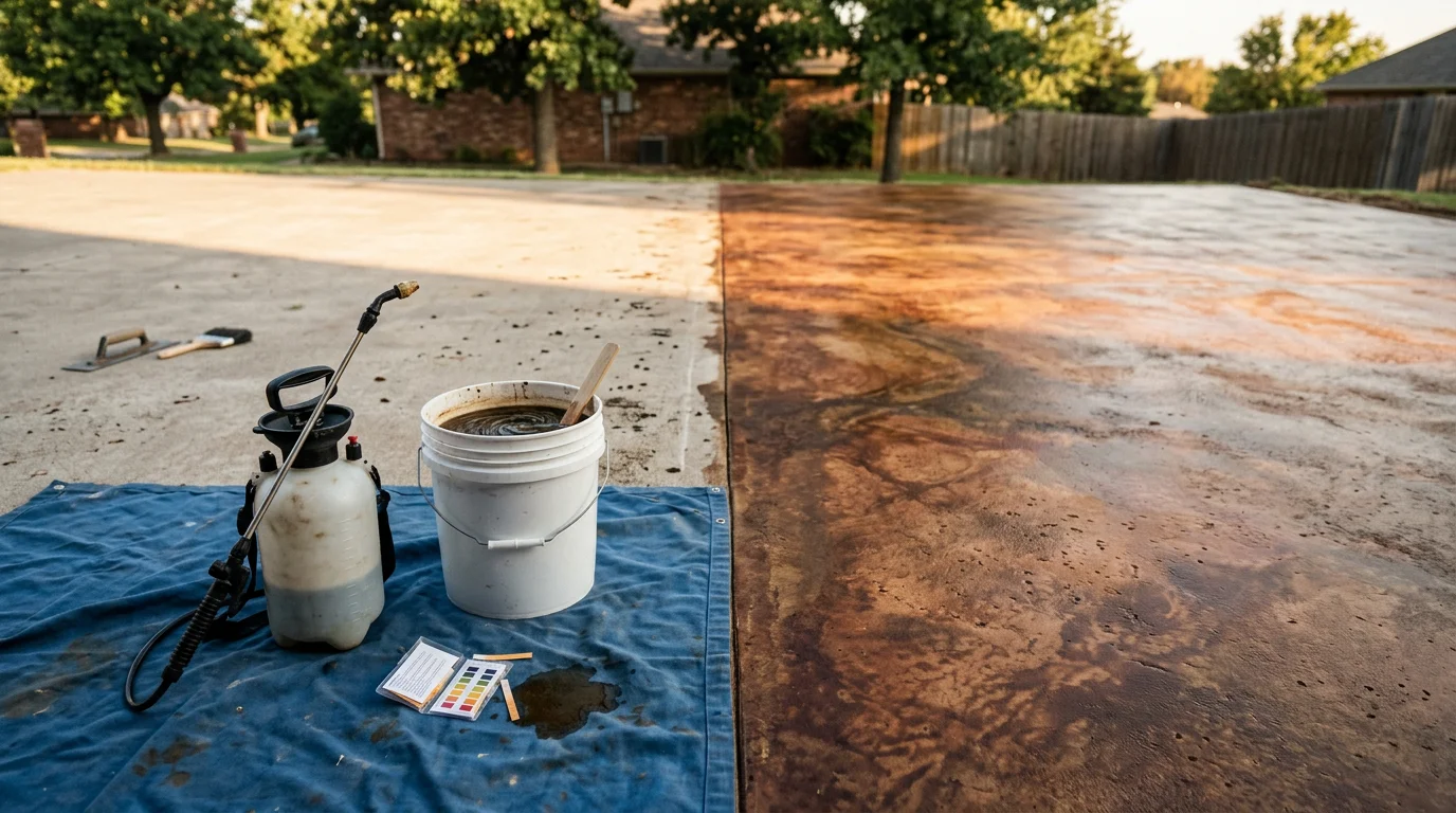 A stained concrete floor inside a Tulsa, Oklahoma home showing rich, semi-translucent earth tones from an acid stain application. The surface has a smooth, sealed finish with natural color variation across the slab.
