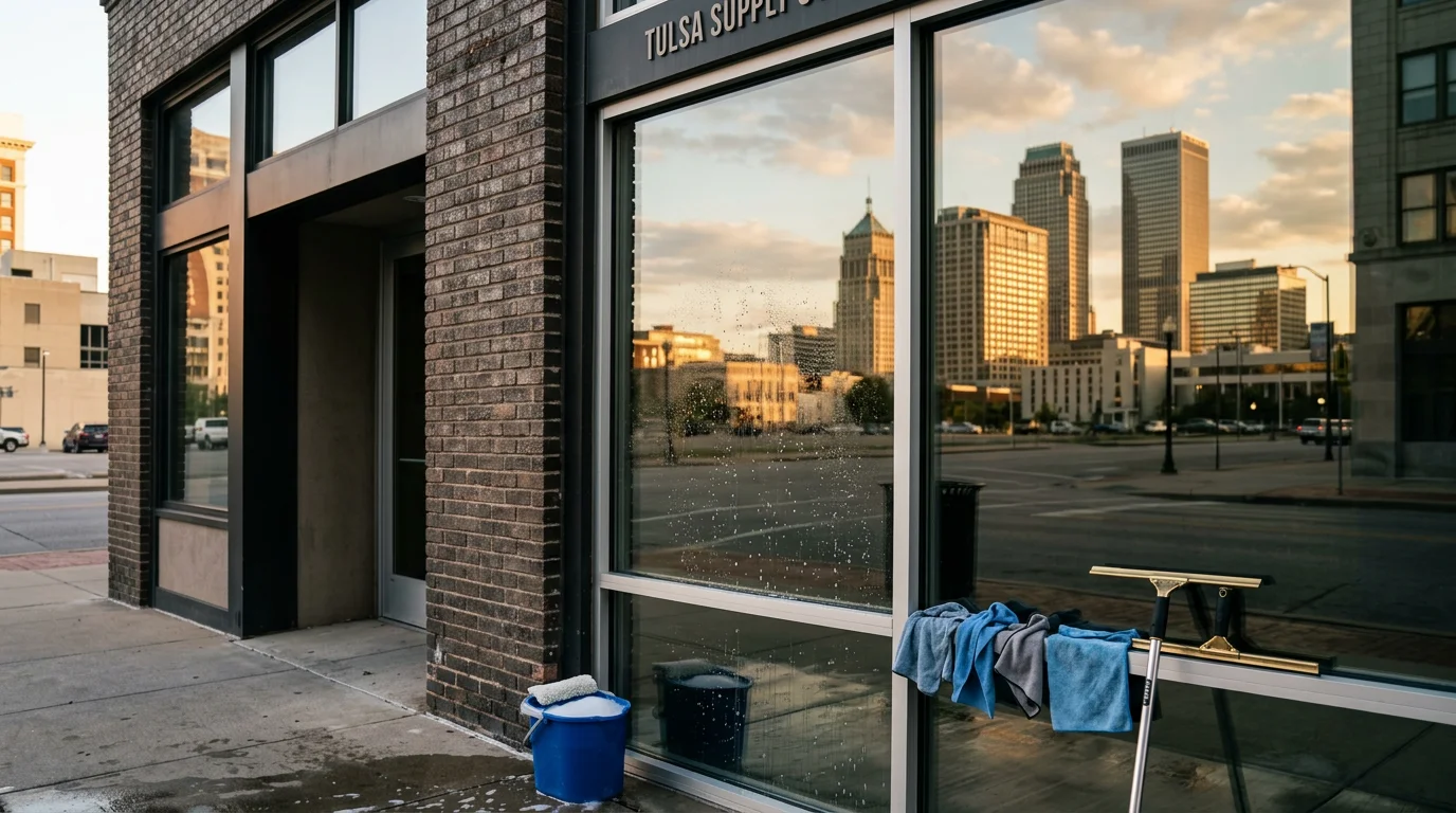 A commercial storefront in Tulsa, Oklahoma with freshly cleaned exterior windows reflecting clear sky, frames wiped clean and glass free of streaks or water deposits.
