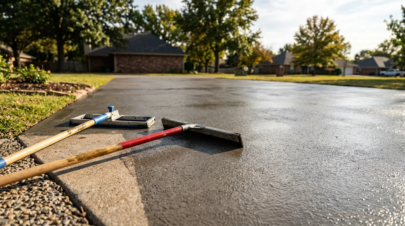 A freshly sealed concrete driveway in Tulsa, Oklahoma with a smooth, even surface showing a slight sheen from the applied sealer. The surrounding yard and residential street reflect a typical Tulsa neighborhood setting.