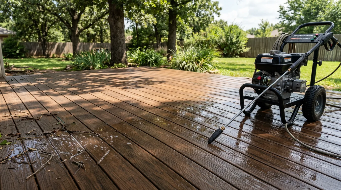 A wood deck in Tulsa, Oklahoma shown after professional pressure washing, with clean boards free of algae staining and dark mildew spots. The restored surface shows even coloring across the full deck area with no visible grime buildup.