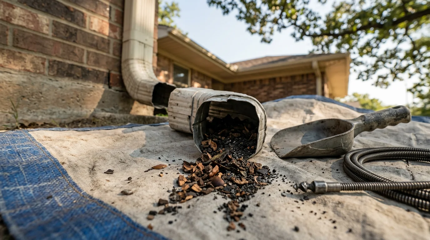 A Minova Contracting technician clearing a packed debris clog from a residential downspout elbow on a Tulsa, OK home. The cleared downspout directs water away from the home's foundation along a concrete splash block.