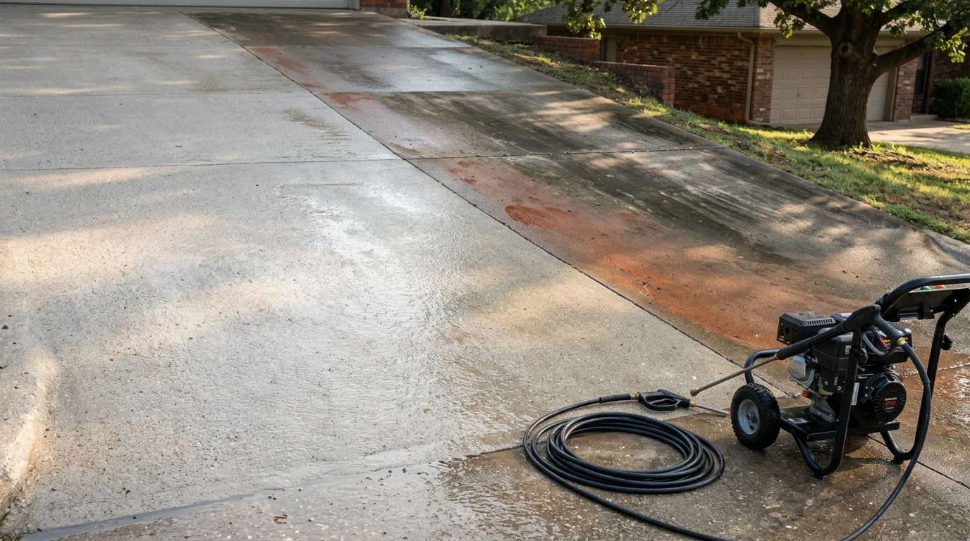A Tulsa, OK residential concrete driveway after professional pressure washing, showing clean gray surface with red clay stains and dark oil marks fully removed. A pressure washing wand and surface cleaner attachment are visible at the edge of the driveway.