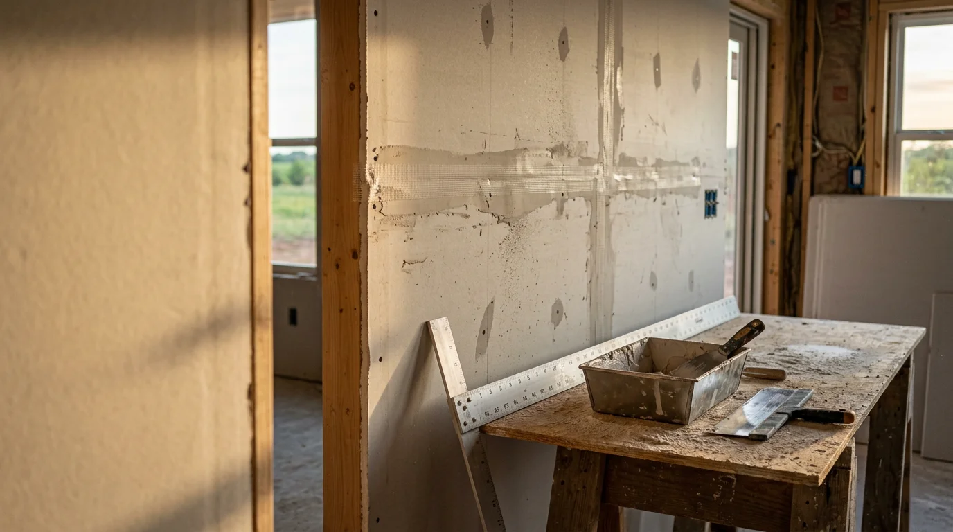 Freshly installed and taped drywall covering the walls and ceiling of a residential room in Tulsa, Oklahoma. The surface is smooth and seam-finished, ready for primer and paint.