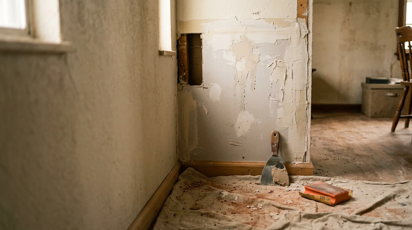 A freshly patched and smoothed drywall repair on an interior wall of a Tulsa-area home, with the surface blended and ready for paint. The repaired section shows no visible seam against the surrounding wall texture.