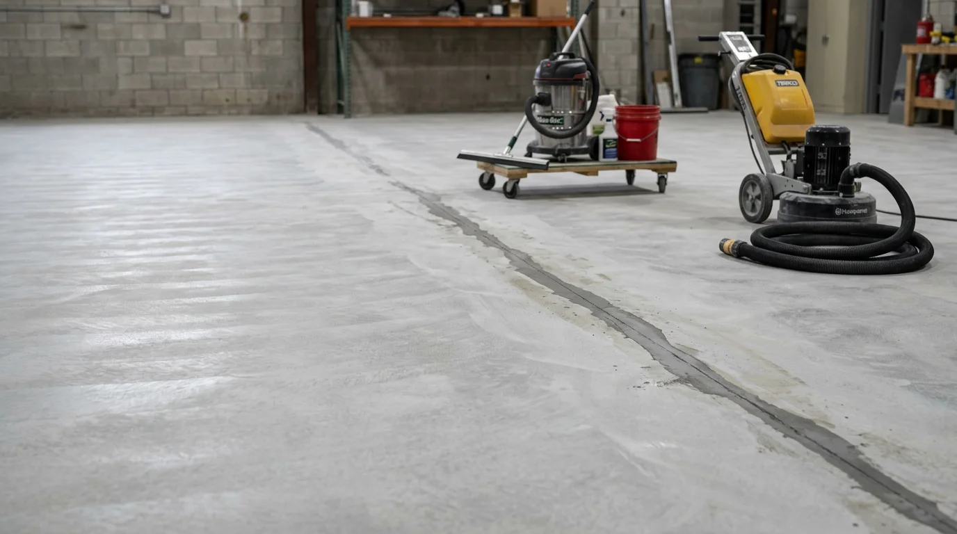 A freshly coated epoxy garage floor inside a residential home in Tulsa, Oklahoma, showing a smooth, glossy surface free of stains and cracks. The sealed concrete reflects overhead lighting and shows a clean, finished appearance ready for daily vehicle use.