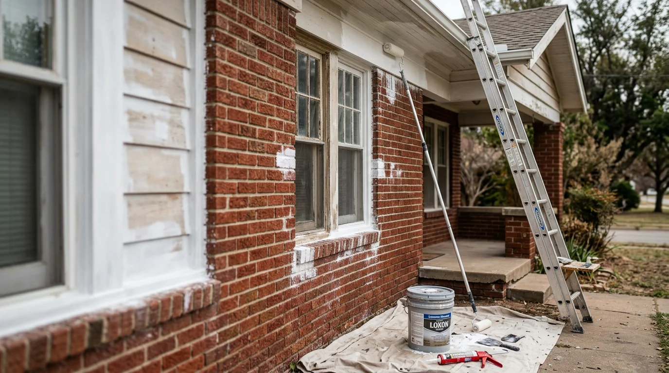 A Tulsa, Oklahoma home with freshly painted exterior siding and white trim, showing clean brush lines across wood and fascia boards. The finished surface reflects a smooth, even coat suited for Oklahoma's seasonal weather conditions.