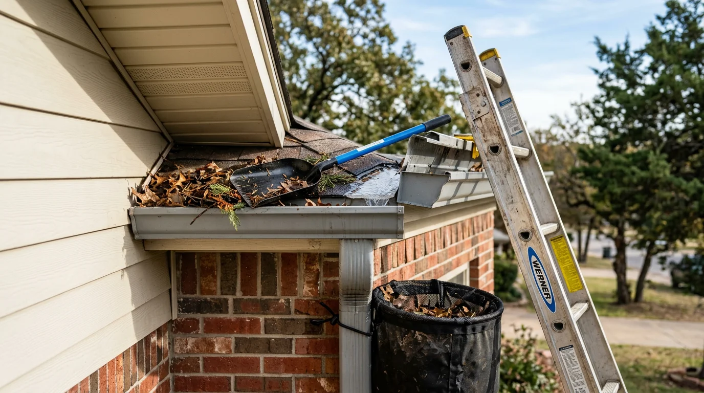 A Minova Contracting crew member removing packed leaf and debris buildup from a residential gutter on a Tulsa, OK home. The downspout is clear and water is flowing freely away from the foundation.