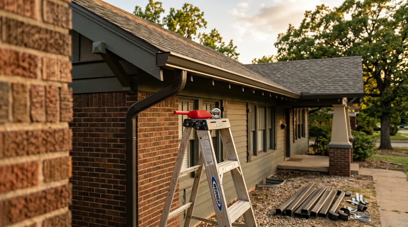 A newly installed gutter system running along the roofline of a residential home in Tulsa, Oklahoma, with a downspout directing water away from the foundation. The gutters are fitted flush against the fascia board with no visible gaps or sagging.