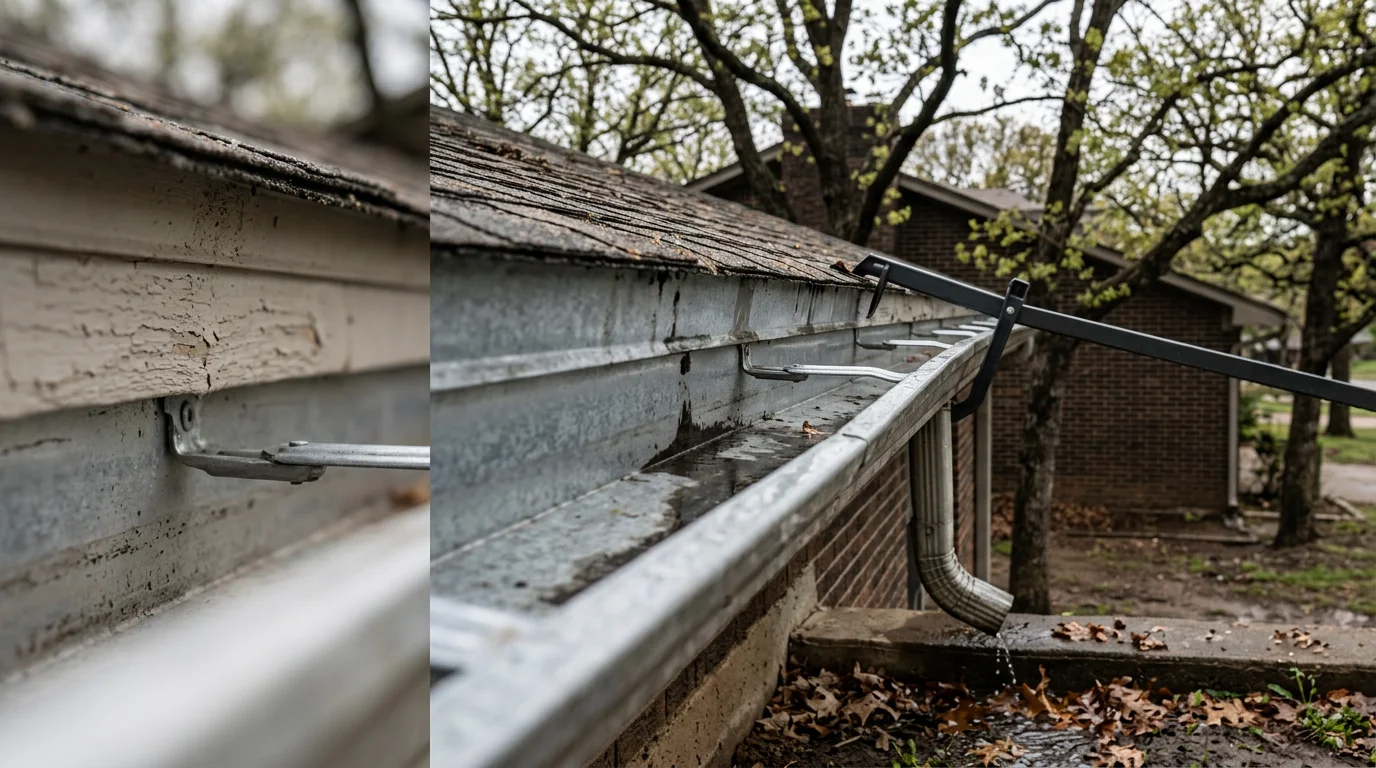 A Minova Contracting technician clearing debris from a residential gutter channel on a Tulsa, OK home. Downspout and fascia board visible in the background against a typical Oklahoma residential roofline.