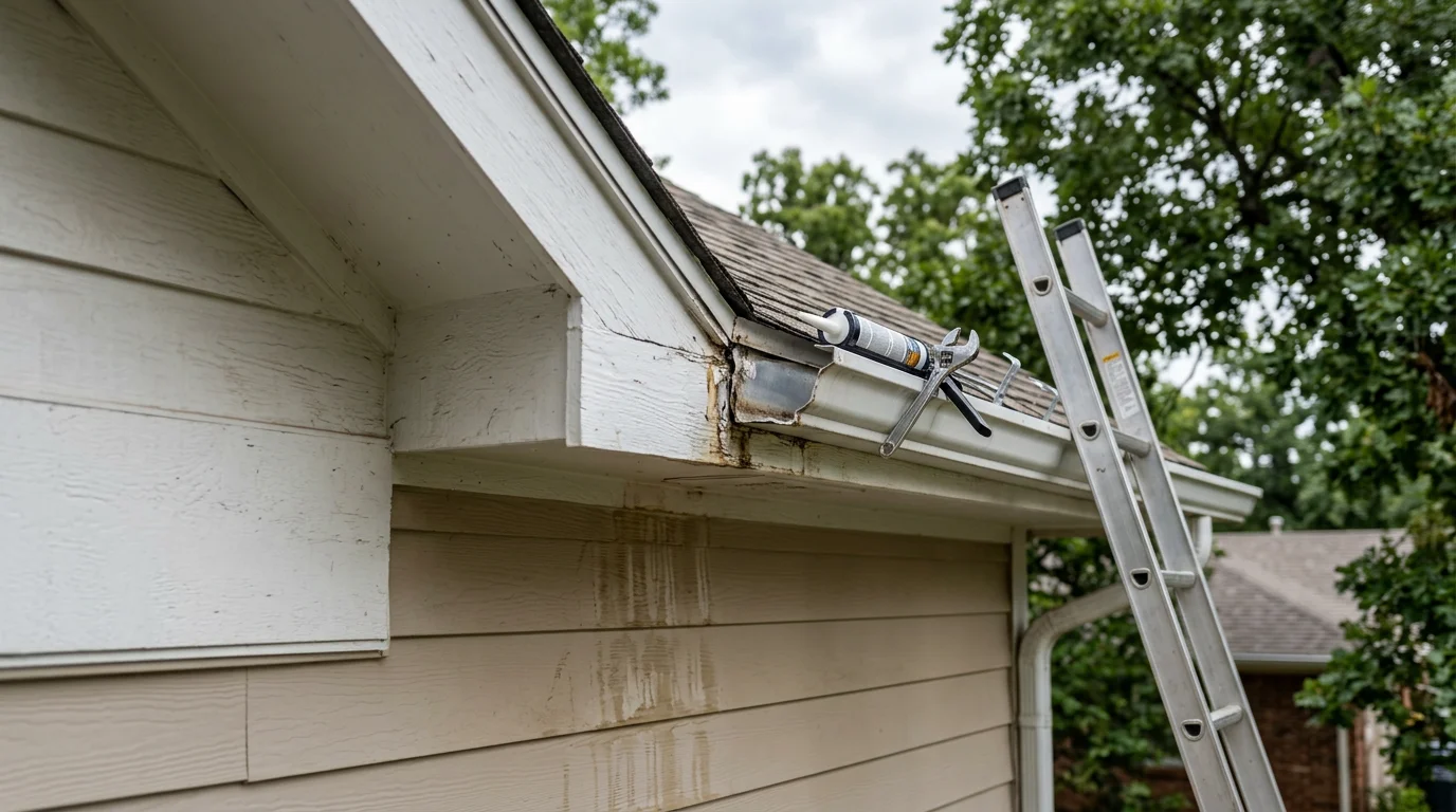 A Minova Contracting technician repairing a sagging gutter section on a residential home in Tulsa, OK. The image shows a close-up of a reattached hanger and sealed joint along a roofline with visible storm wear.