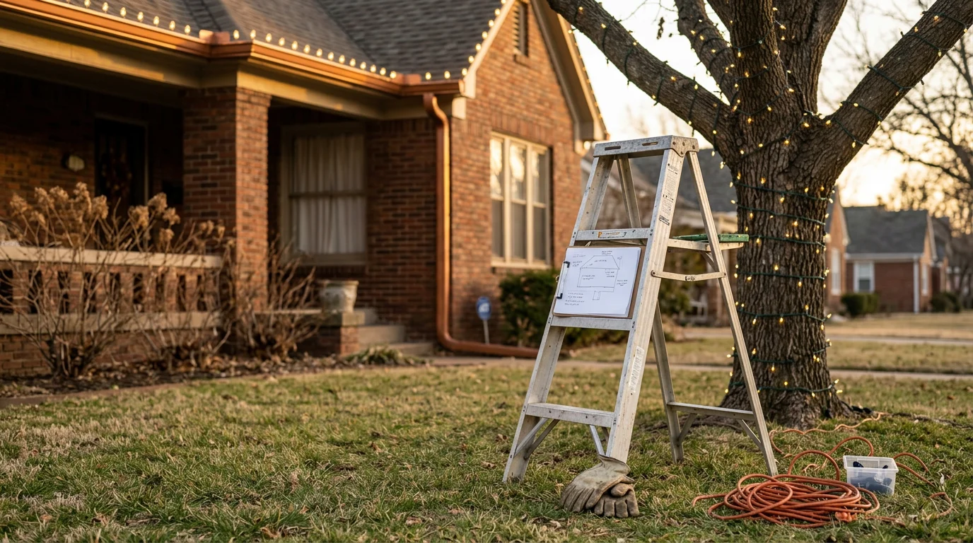Holiday lights installed along the roofline and front landscaping of a residential home in Tulsa, Oklahoma. The display shows a clean, evenly spaced roofline outline with lit trees visible in the front yard.
