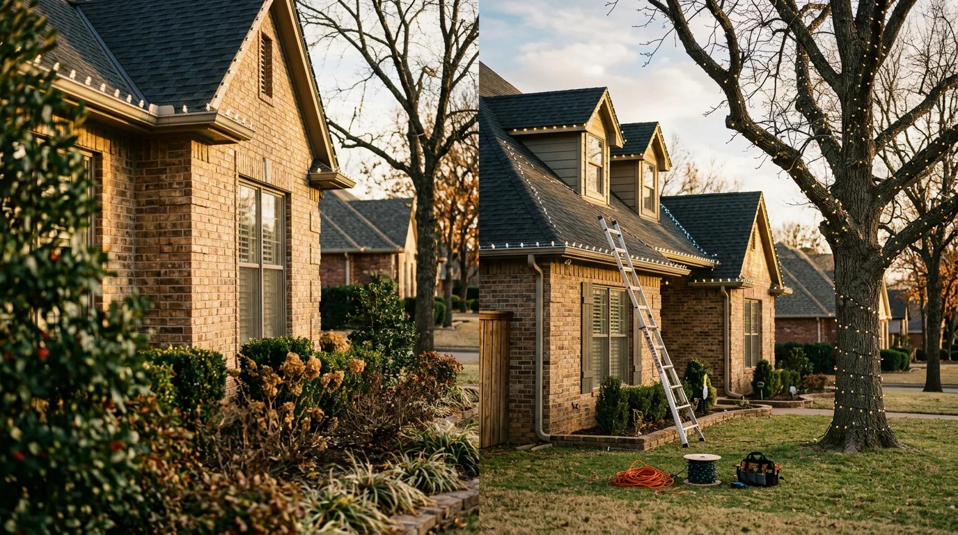 A Tulsa-area home with a professionally designed holiday lighting display covering the roofline, front trees, and walkway. The layout reflects the home's architecture against an Oklahoma winter evening sky.