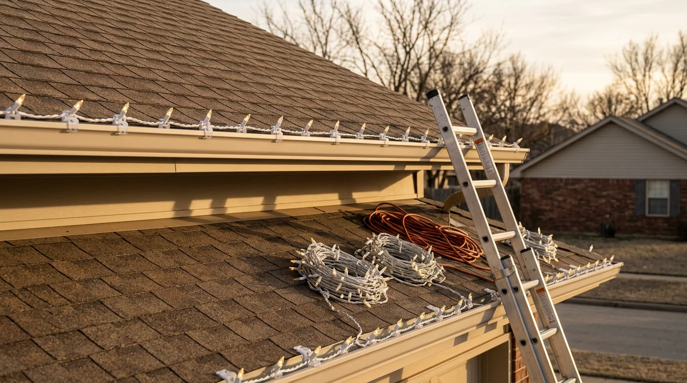 A Tulsa, Oklahoma home with professionally installed holiday lights lining the roofline, eaves, and front landscaping at dusk. The display shows evenly spaced, secured lighting across the full exterior facade of a residential property.