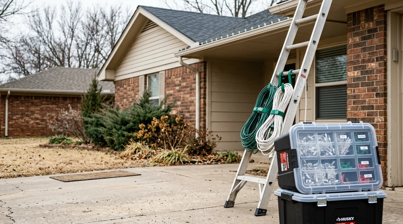 A Stratan crew member carefully removing holiday string lights from the roofline of a residential home in Tulsa, Oklahoma. Neatly coiled strands and clips are visible on the ground, ready for off-site storage.