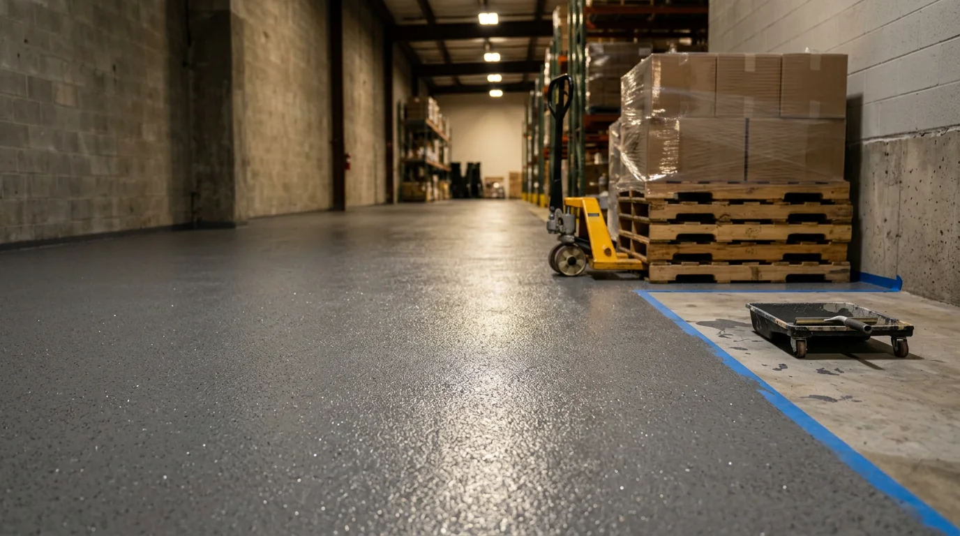 Finished industrial floor coating with non-slip texture applied to a large concrete warehouse floor in the Tulsa, Oklahoma area. The sealed surface shows integrated safety striping along aisle lanes with a clean, low-gloss finish.