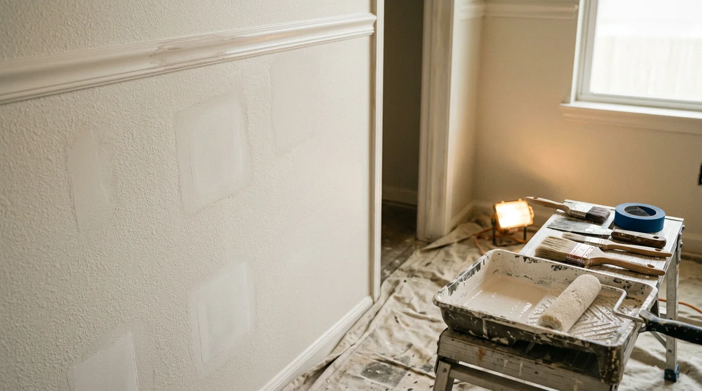 A freshly painted interior living room in a Tulsa, Oklahoma home, showing smooth walls with clean trim lines and even color coverage. The room reflects a completed interior painting project by Minova Contracting.