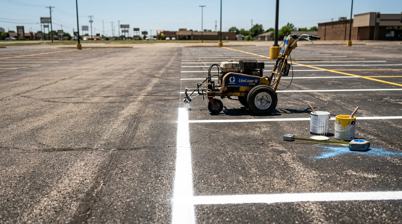 Freshly painted white parking stall lines and yellow directional arrows on a commercial asphalt lot in Tulsa, Oklahoma. Clearly marked ADA-accessible spaces with blue symbols are visible near the building entrance.