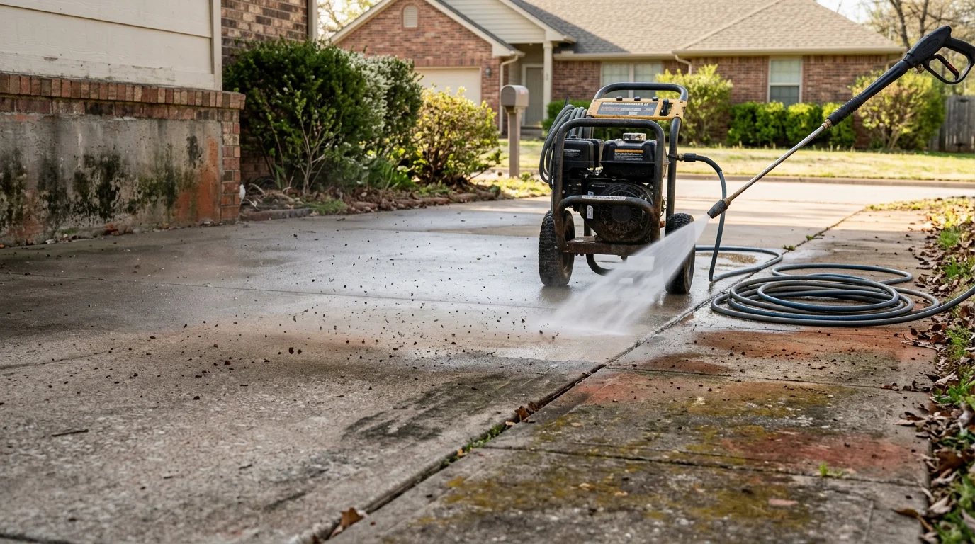A concrete driveway in Tulsa, OK being pressure washed by a Minova Contracting technician, showing a clear line between cleaned and uncleaned surface with red clay staining visible on the untreated section.