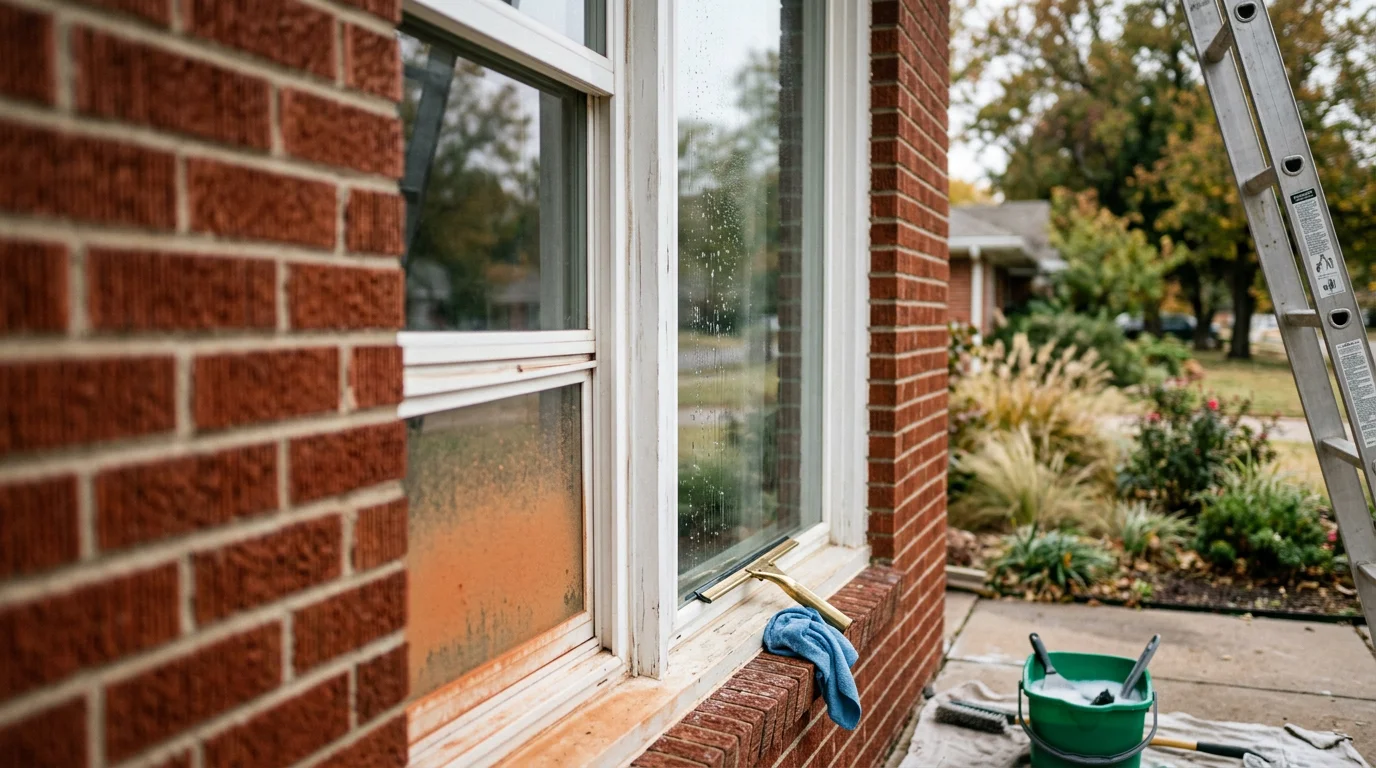 A Stratan window cleaner working on the exterior glass of a residential home in Tulsa, Oklahoma, with streak-free results visible on a multi-pane window. Clear skies reflect off the clean glass against a typical Oklahoma suburban home exterior.