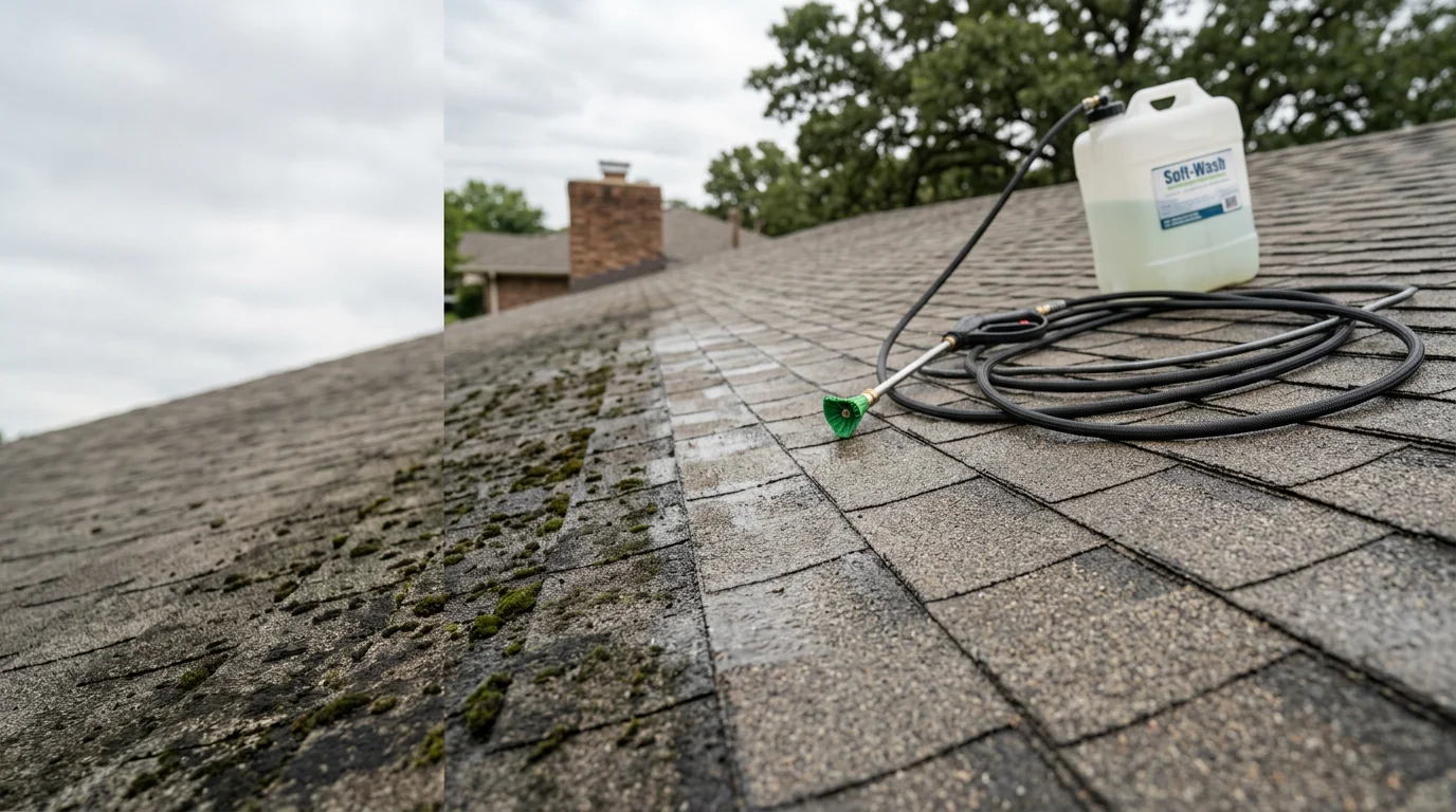 Tulsa, OK residential home with asphalt shingle roof after professional soft wash cleaning, showing uniform shingle color with algae staining and black streaks fully removed. Surrounding trees and a clear Oklahoma sky visible in the background.