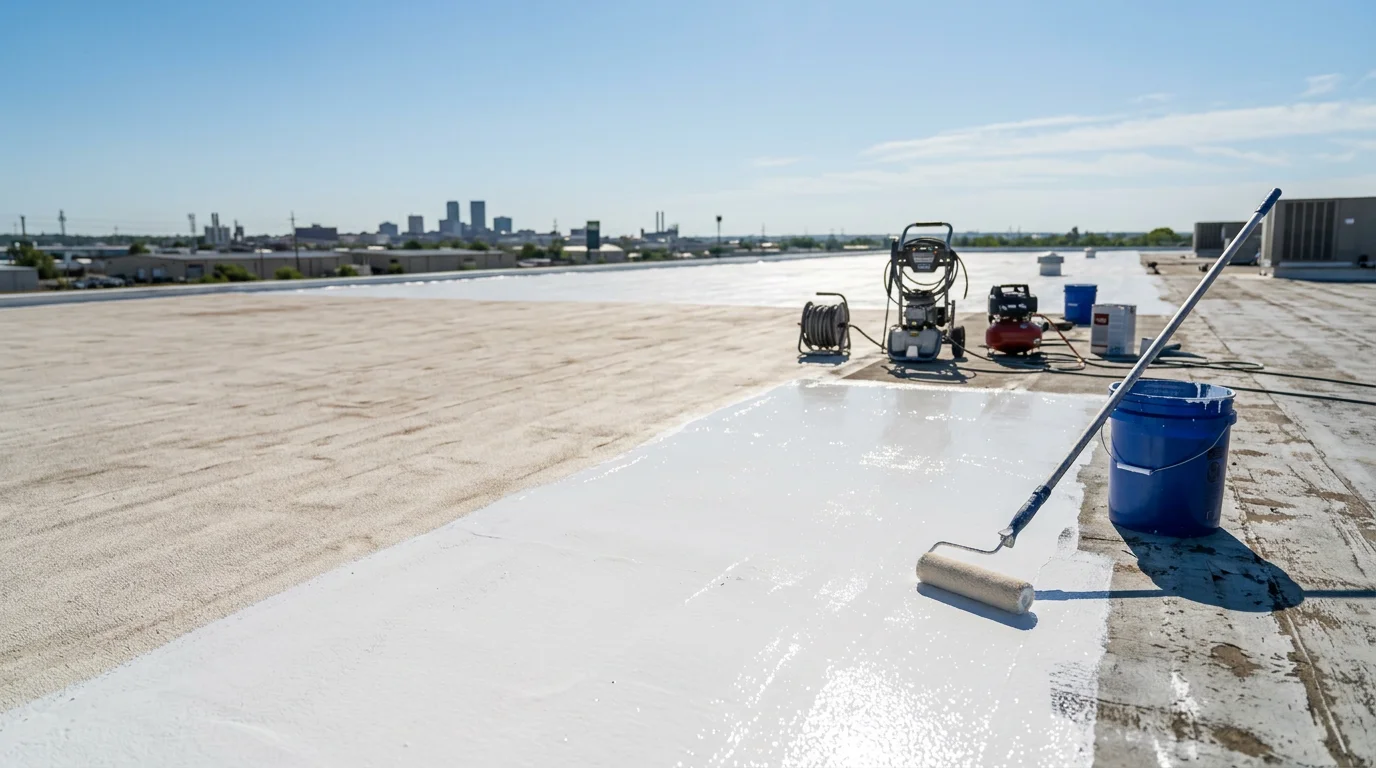 A flat commercial roof in Tulsa, OK with a freshly applied reflective coating covering the full surface. The coating appears smooth and light-colored under bright Oklahoma sunlight, with rooftop HVAC units visible in the background.