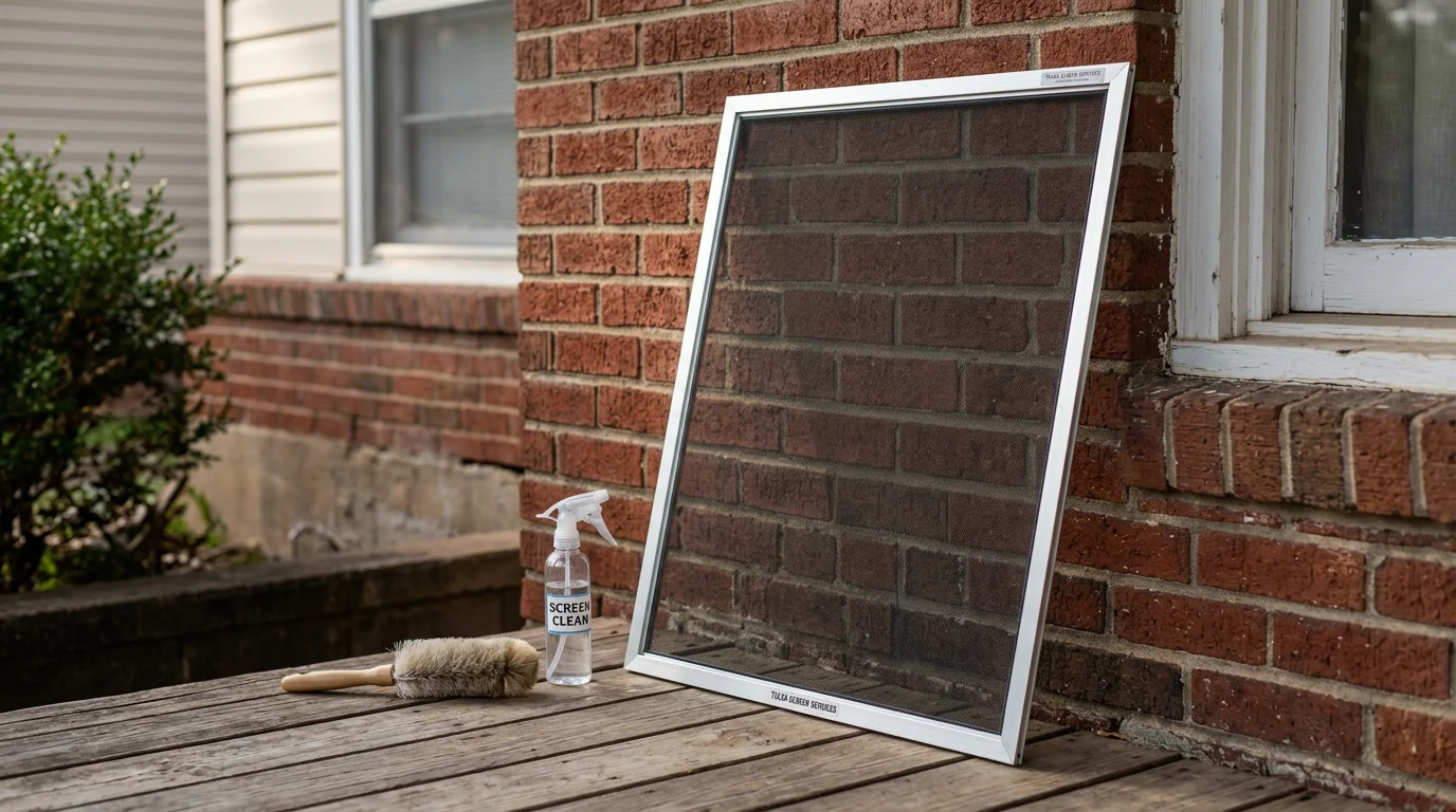 A close-up of a freshly cleaned window screen on a residential home in Tulsa, Oklahoma, with clear mesh and no visible dust or pollen buildup. Bright natural light passes through the screen into the interior of the home.