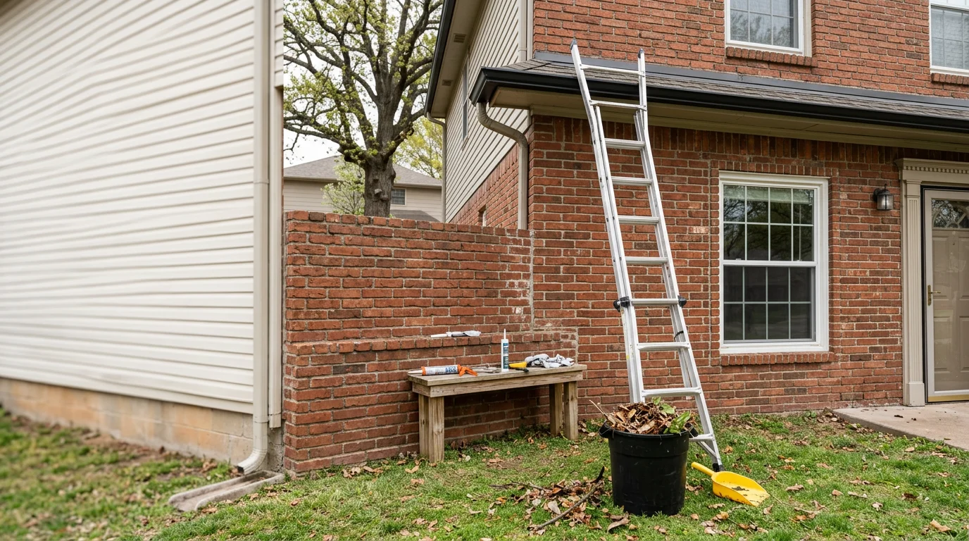 A Minova Contracting crew member inspecting the gutters and siding on a Tulsa, Oklahoma home after a spring hail storm. The exterior shows cleared downspouts and freshly checked trim along the roofline.