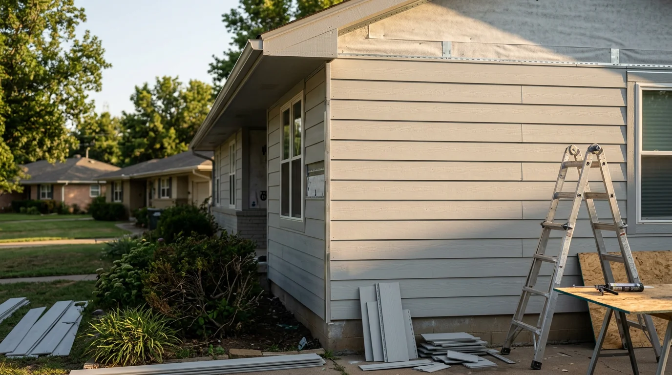 Freshly installed siding on a residential home in Tulsa, Oklahoma, showing clean panel alignment and trim work along the roofline and window edges. The exterior reflects a complete re-side with consistent color and tight seams suited for Oklahoma's storm and heat seasons.