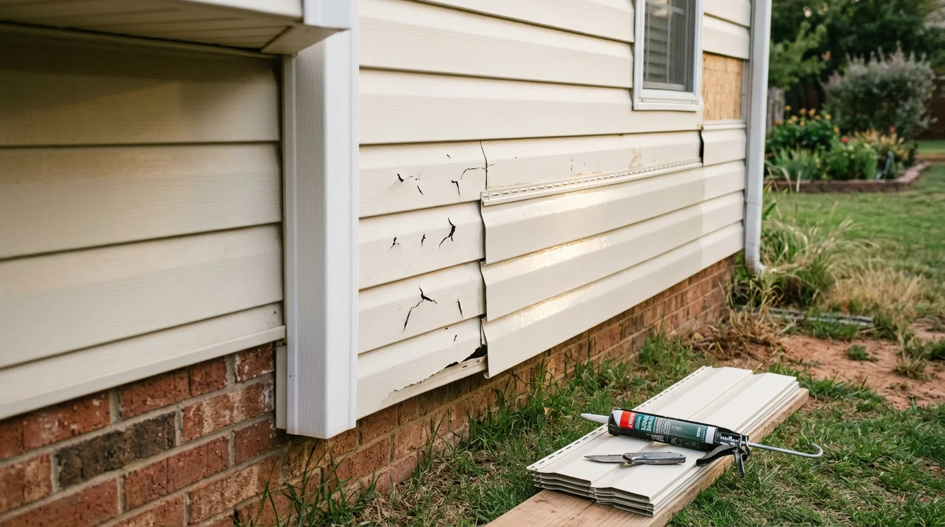 Repaired exterior siding on a residential home in Tulsa, Oklahoma, showing uniform panel alignment and no visible cracks or gaps after storm damage was addressed. Close view of the patched section blending with the surrounding original siding on a single-story house.