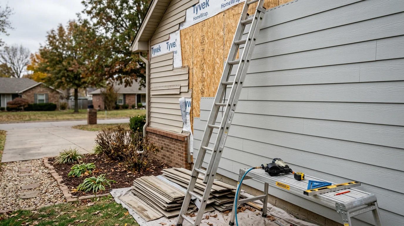Freshly replaced exterior siding on a single-family home in Tulsa, Oklahoma, showing clean panel lines and a finished exterior ready for Oklahoma weather. The home exterior reflects a complete siding replacement with no visible gaps, warping, or damage.
