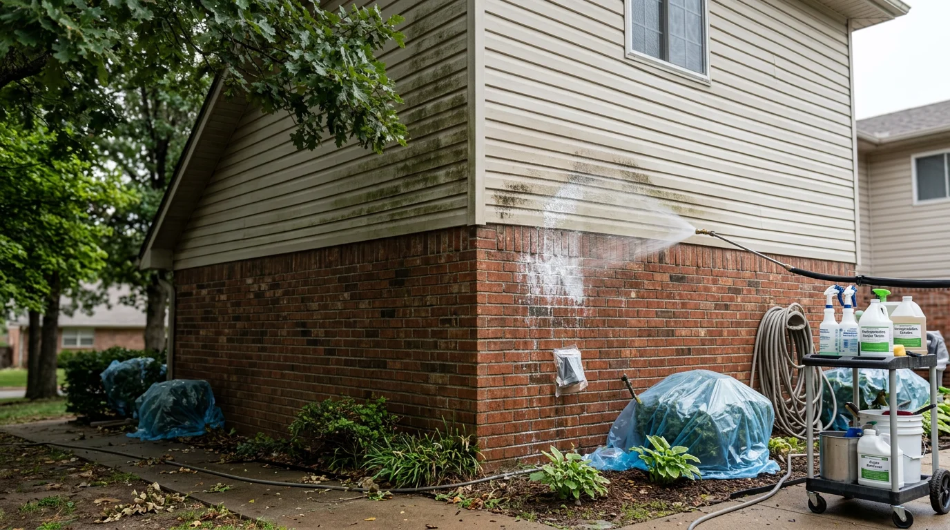 A Tulsa, OK home exterior showing clean, streak-free siding and a clear roof after professional soft washing by Minova Contracting. The north-facing wall and gutters are free of the green algae and dark mildew staining common on shaded Oklahoma homes.