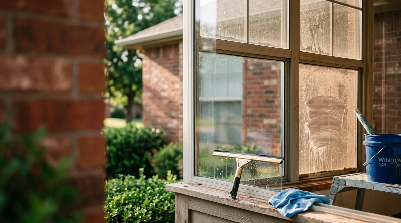 A Minova Contracting crew member cleaning the exterior windows of a two-story Tulsa home, with clear glass reflecting the surrounding tree line after red clay dust and storm debris removal. Close-up view shows streak-free panes and clean window frames on a residential property in Tulsa, OK.